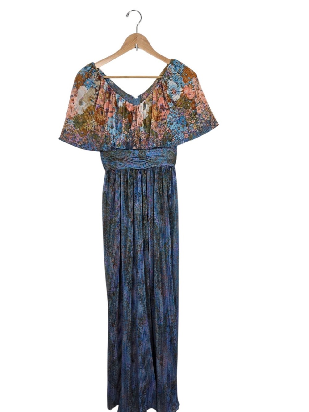 Vintage Miss Elliette Pleated Floral Capelet Maxi Floor Length Dress Blue Multi